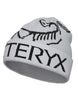 BirdWordToque-A light gray knit beanie hat featuring a black knit Arc'teryx bird logo and the brand name 'ARC'TERYX' across the front cuff.