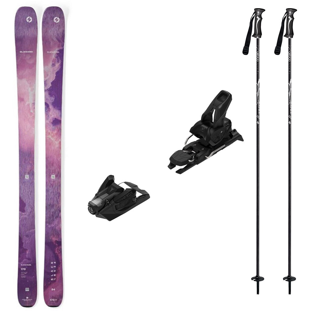 BlackPearl94w_Strive12-A ski gear set on a plain white background, including a pair of skis with a purple and pink abstract print, two black ski bindings, and two black ski poles with white branding.