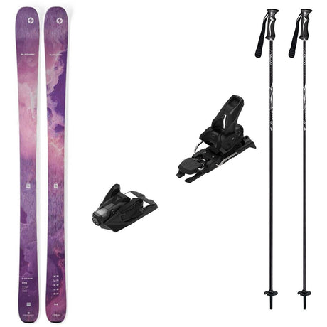 BlackPearl94w_Strive12-A ski gear set on a plain white background, including a pair of skis with a purple and pink abstract print, two black ski bindings, and two black ski poles with white branding.