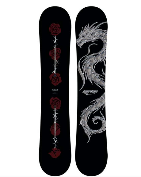 BlossomCamberSnowboard-Two views of a snowboard with dragon and rose designs on a white background