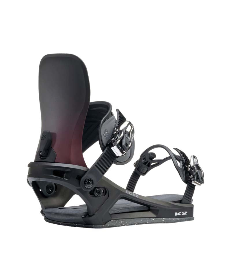 Bond- Black and red snowboard binding on a white background