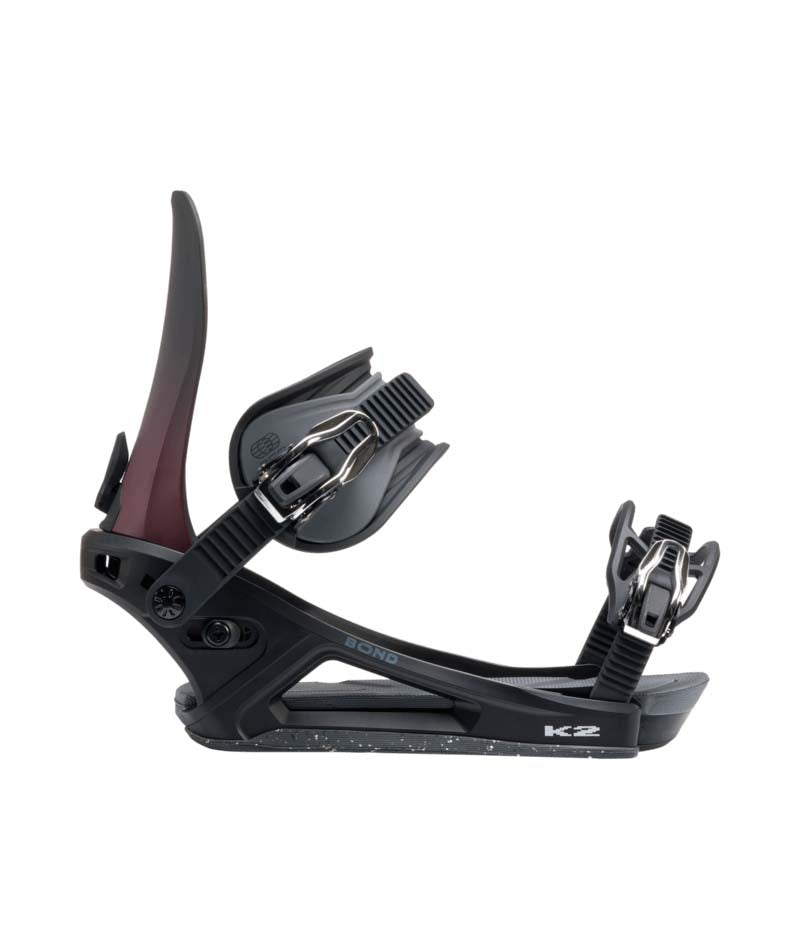 Bond- Black and red snowboard binding on a white background
