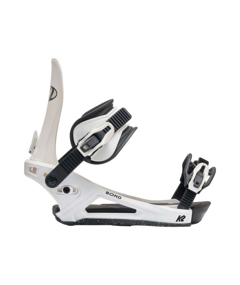 Bond- White and black snowboard binding on a white background