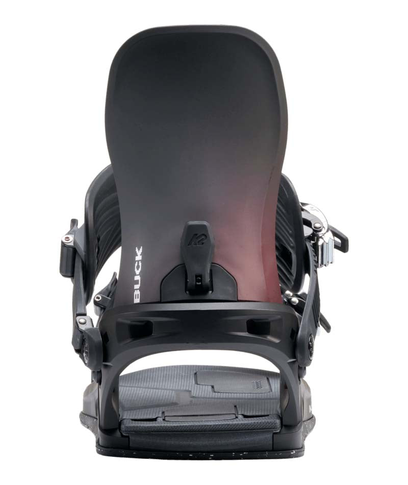 Bond- Black and red snowboard binding on a white background