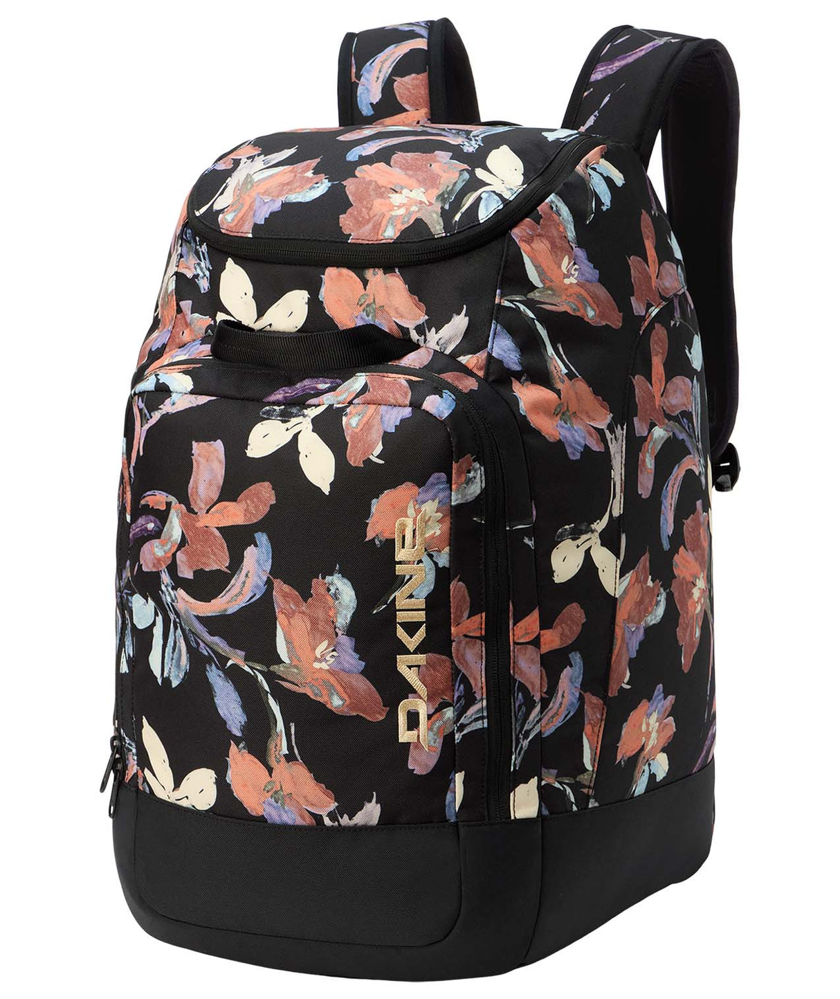 BootBackpack50L-Floral patterned backpack with Dakine logo on a white background