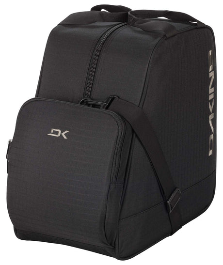 BootBag30L-Black boot bag with 'Dakine' logo on a white background