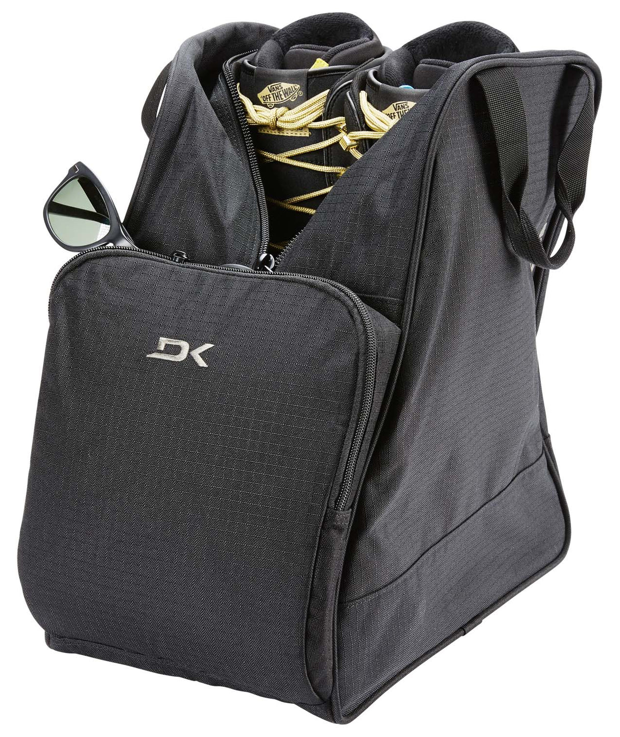 BootBag30L-Black boot bag with 'Dakine' logo on a white background