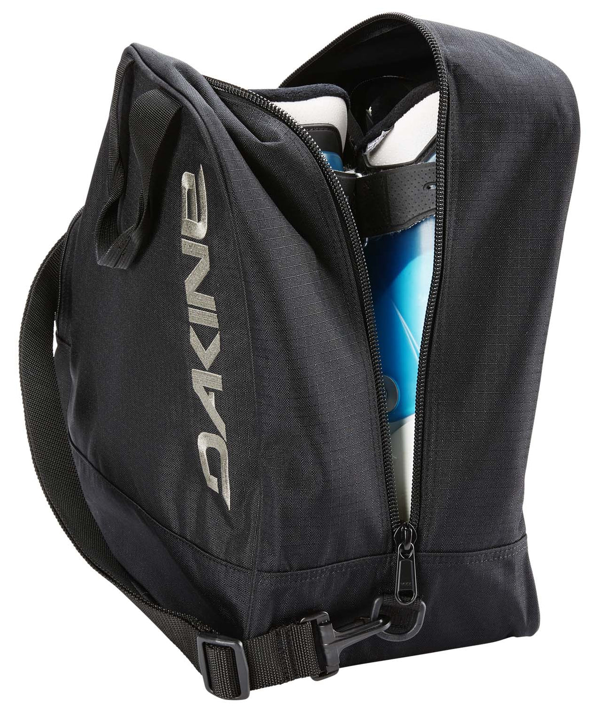 BootBag30L-Black boot bag with 'Dakine' logo on a white background