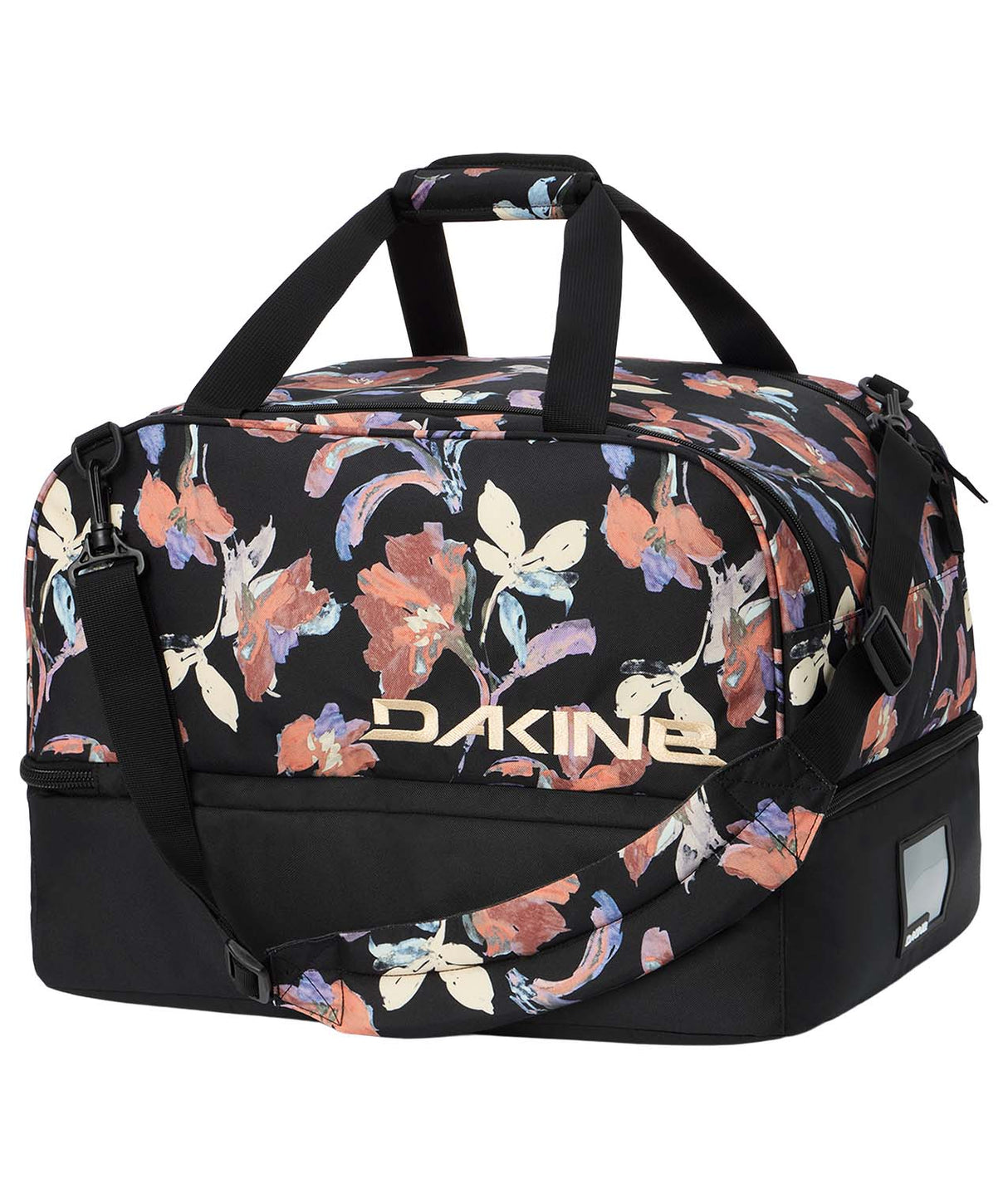 BootLocker69L-Black floral patterned boot bag on a white background
