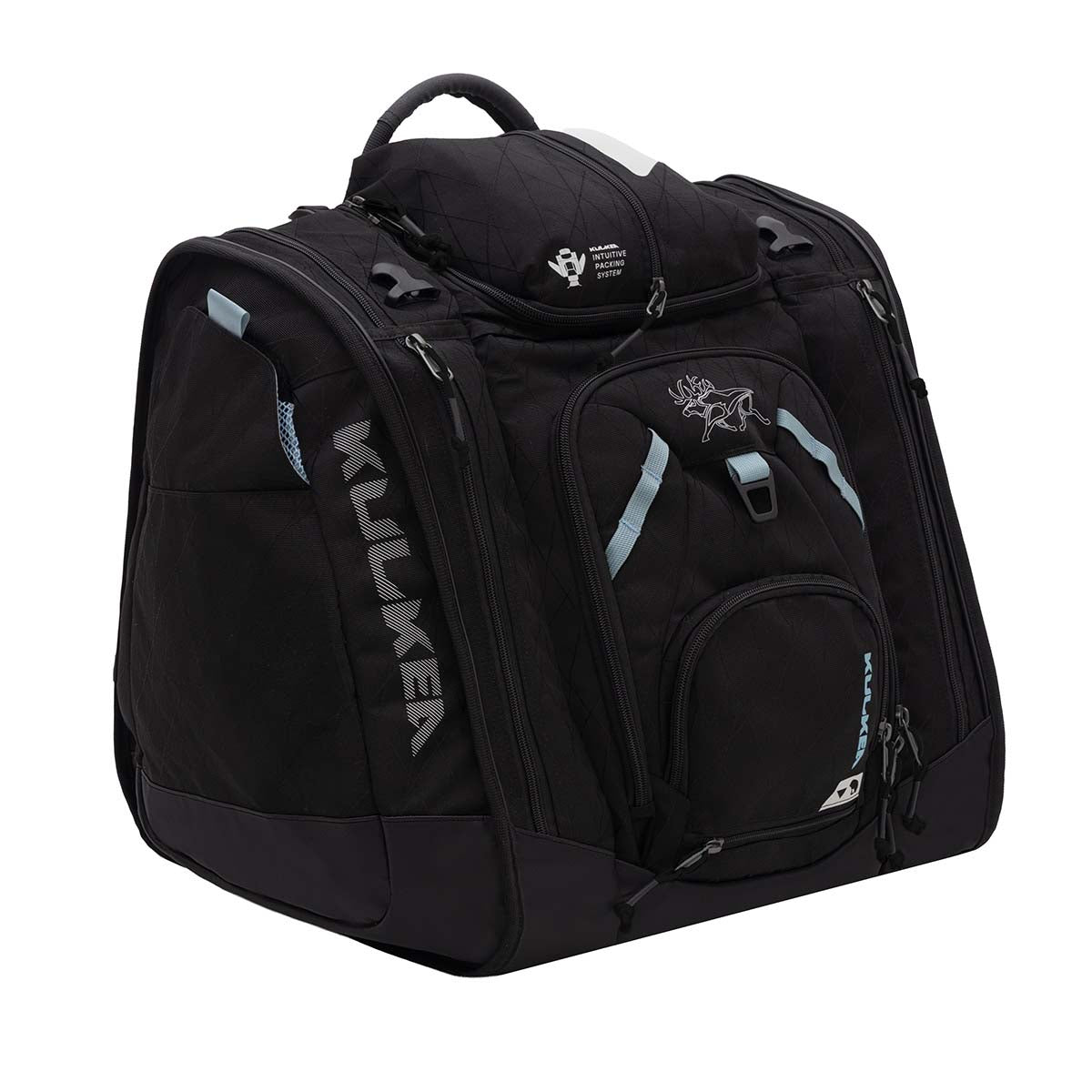BootTrekkerBootBag- Black and blue bag on a white background