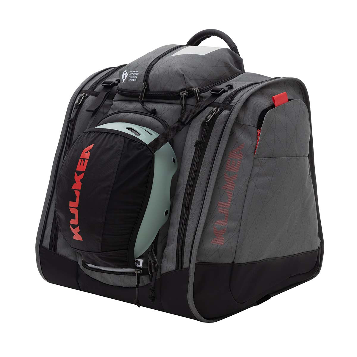 BootTrekkerBootBag- Grey, black, and red bag on a white background