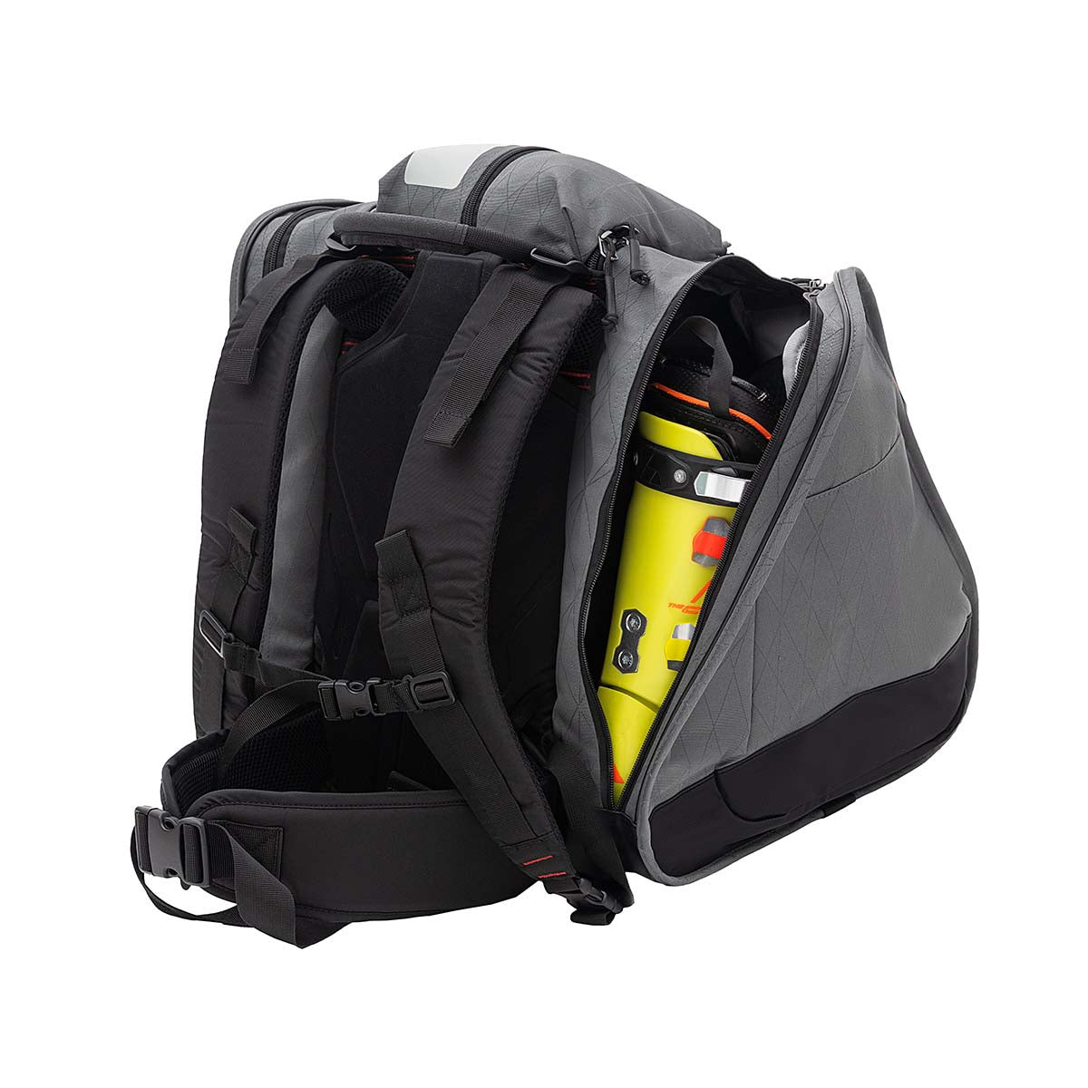 BootTrekkerBootBag- Grey, black, and red bag on a white background