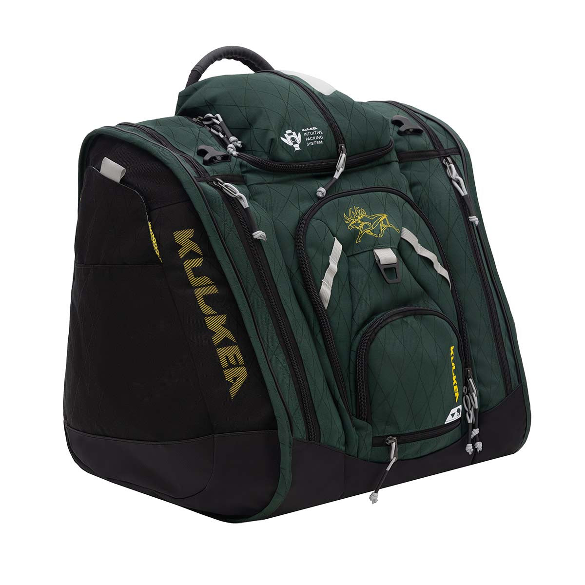 BootTrekkerBootBag- Green, black, and yellow bag on a white background