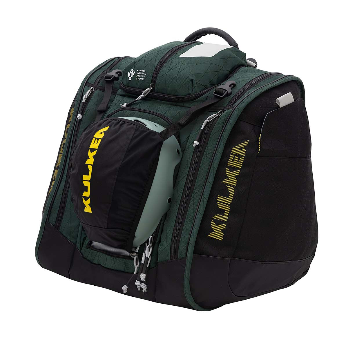 BootTrekkerBootBag- Green, black, and yellow bag on a white background