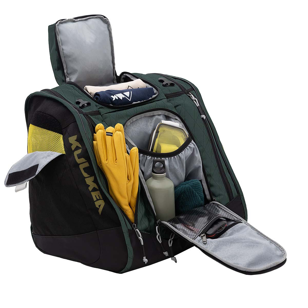 BootTrekkerBootBag- Green, black, and yellow bag on a white background