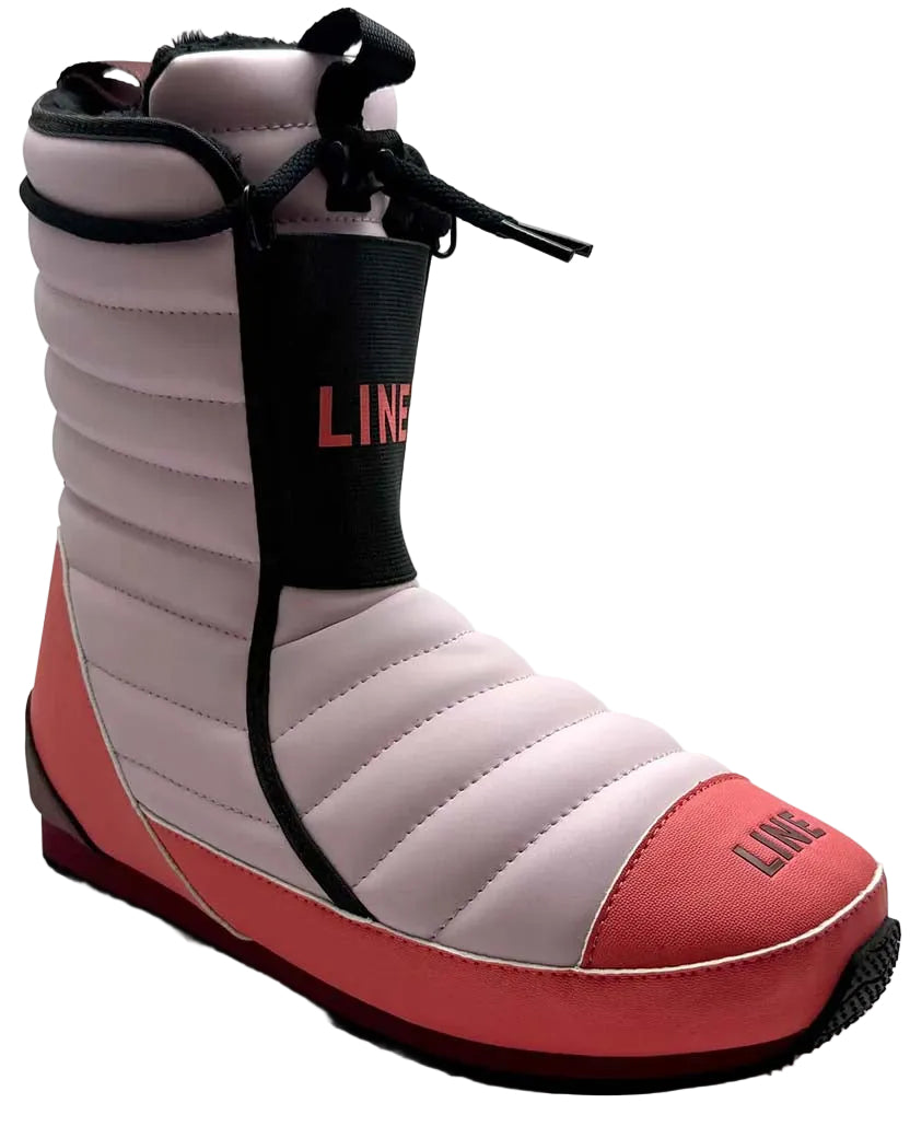 Bootie2- A single boot from the brand LINE, featuring a light pink quilted upper, a coral-pink toe and heel, and a black vertical strap with the brand name printed in coral-red.