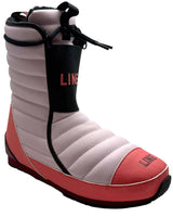 Bootie2- A single boot from the brand LINE, featuring a light pink quilted upper, a coral-pink toe and heel, and a black vertical strap with the brand name printed in coral-red.