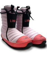Bootie2- A single boot from the brand LINE, featuring a light pink quilted upper, a coral-pink toe and heel, and a black vertical strap with the brand name printed in coral-red.