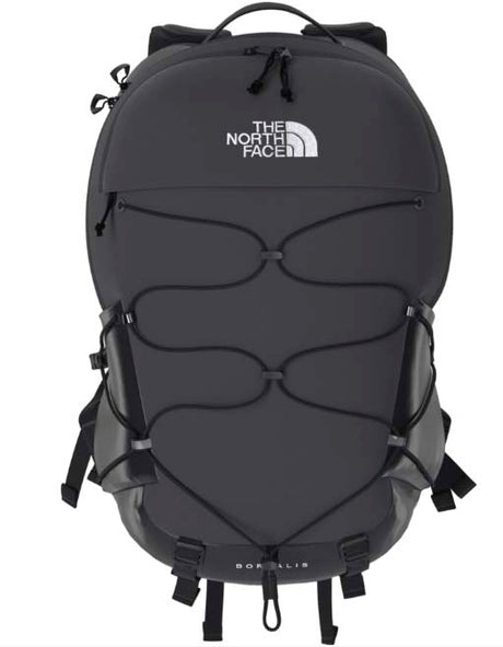 Borealis-Dark Grey backpack with The North Face logo on a white background