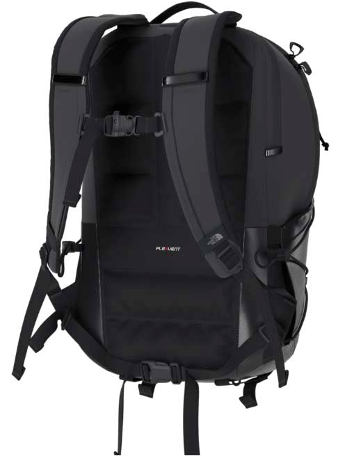 Borealis-Dark Grey backpack with The North Face logo on a white background