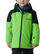 BoysChallengerJacket- Boy wearing a green and black ski jacket on a white background