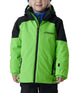 BoysChallengerJacket- Boy wearing a green and black ski jacket on a white background