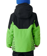 BoysChallengerJacket- Boy wearing a green and black ski jacket on a white background