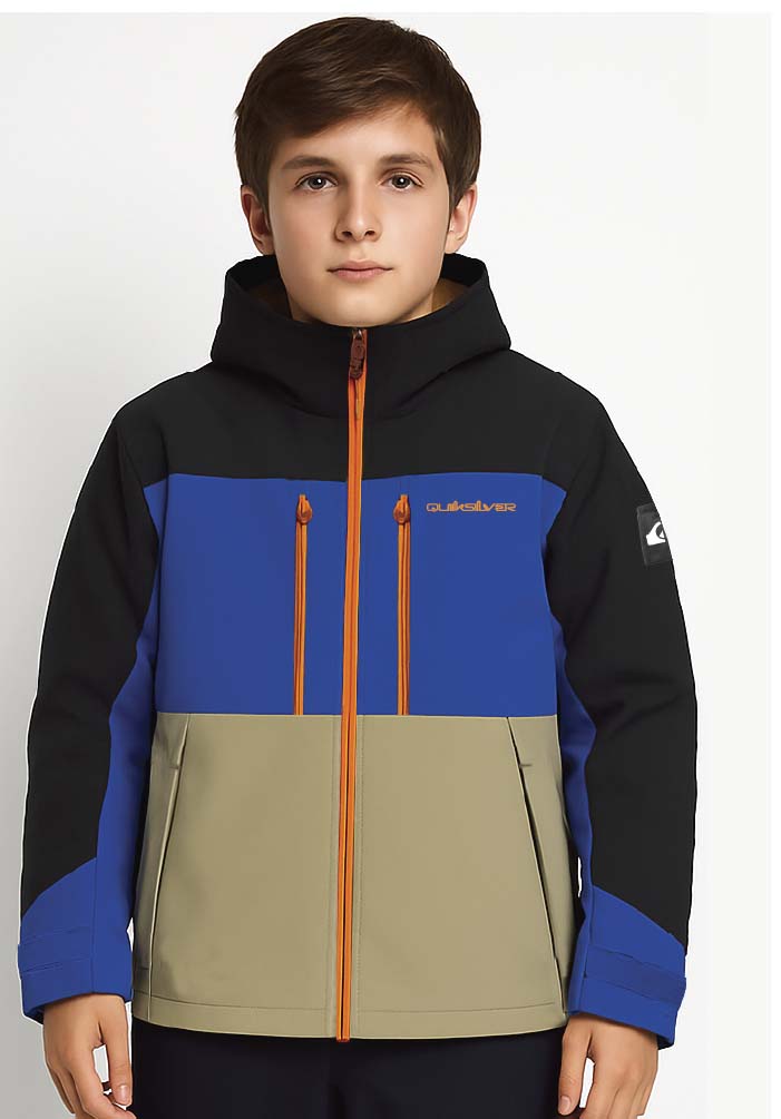 BoysCruiserRunJacket- Boy wearing a black, blue, cream, and orange ski jacket 