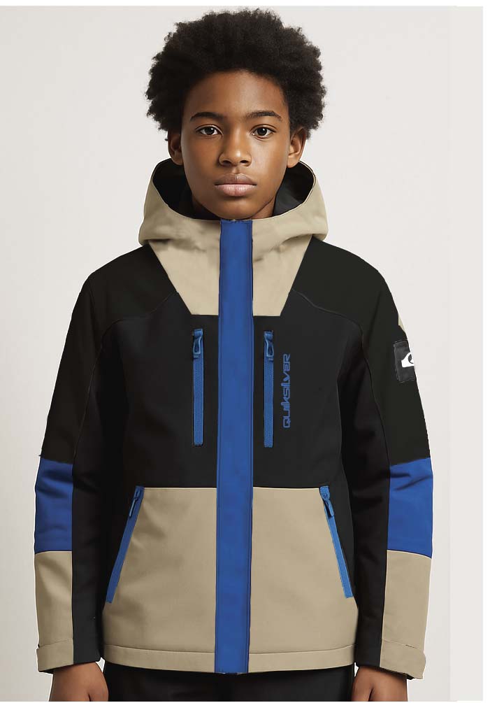 BoysTri-BlockVesselJacket- Boy wearing a cream, black, and blue ski jacket 