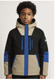 BoysTri-BlockVesselJacket- Boy wearing a cream, black, and blue ski jacket 