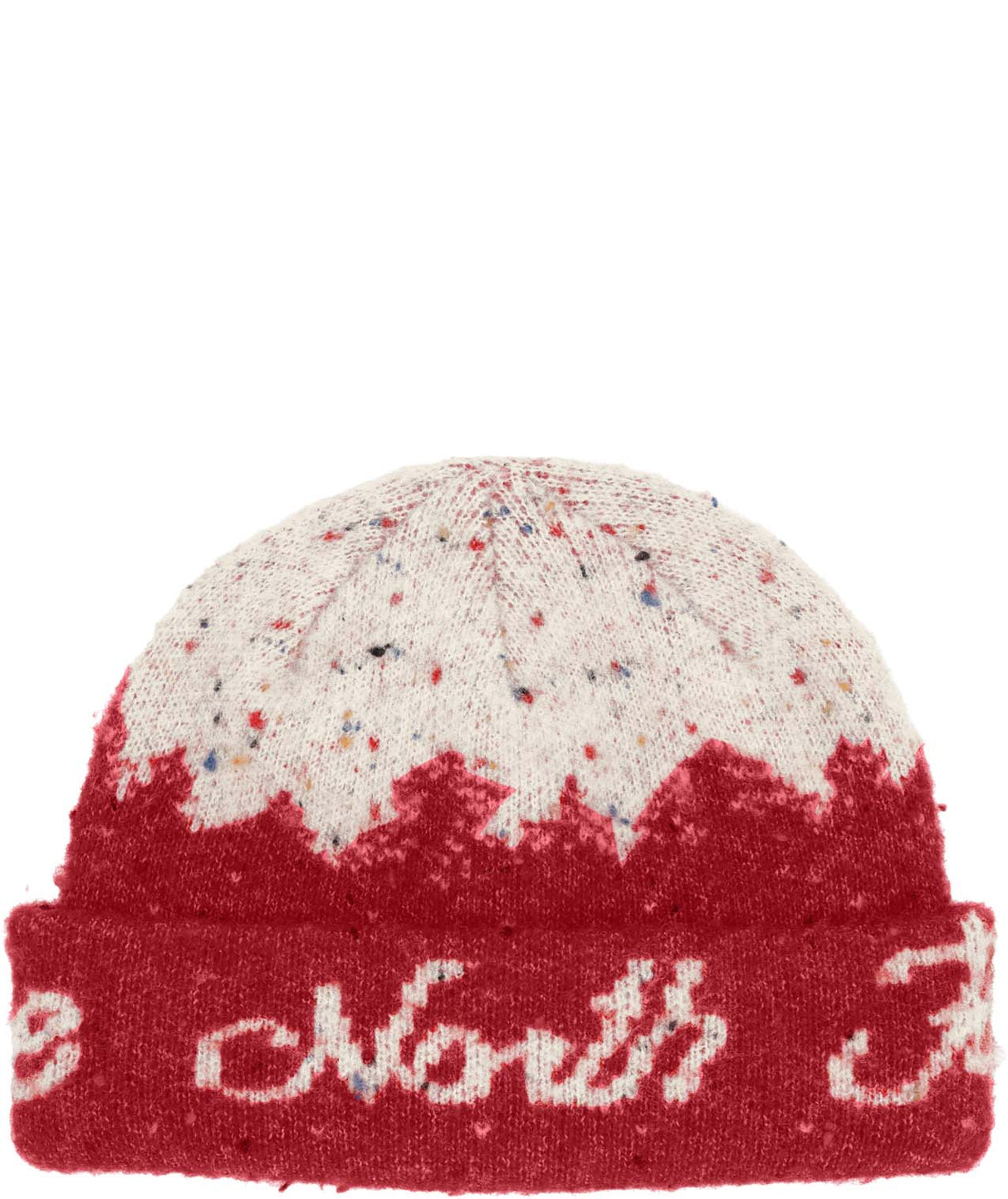 CabinMountainscapeBeanie-Red and white knit beanie with 'The North Face' logo on a white background