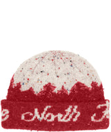 CabinMountainscapeBeanie-Red and white knit beanie with 'The North Face' logo on a white background