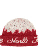 CabinMountainscapeBeanie-Red and white knit beanie with 'The North Face' logo on a white background