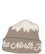 CabinMountainscapeBeanie- Light brown and cream beanie on white background
