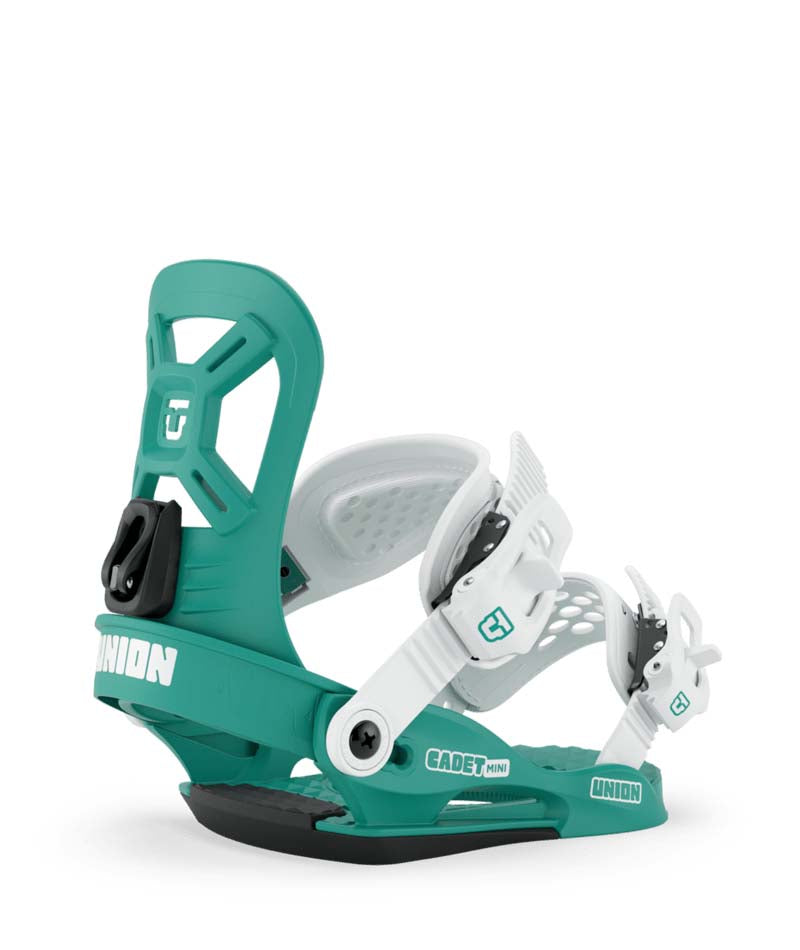 CadetMini-Teal snowboard binding with 'Union' branding on a white background