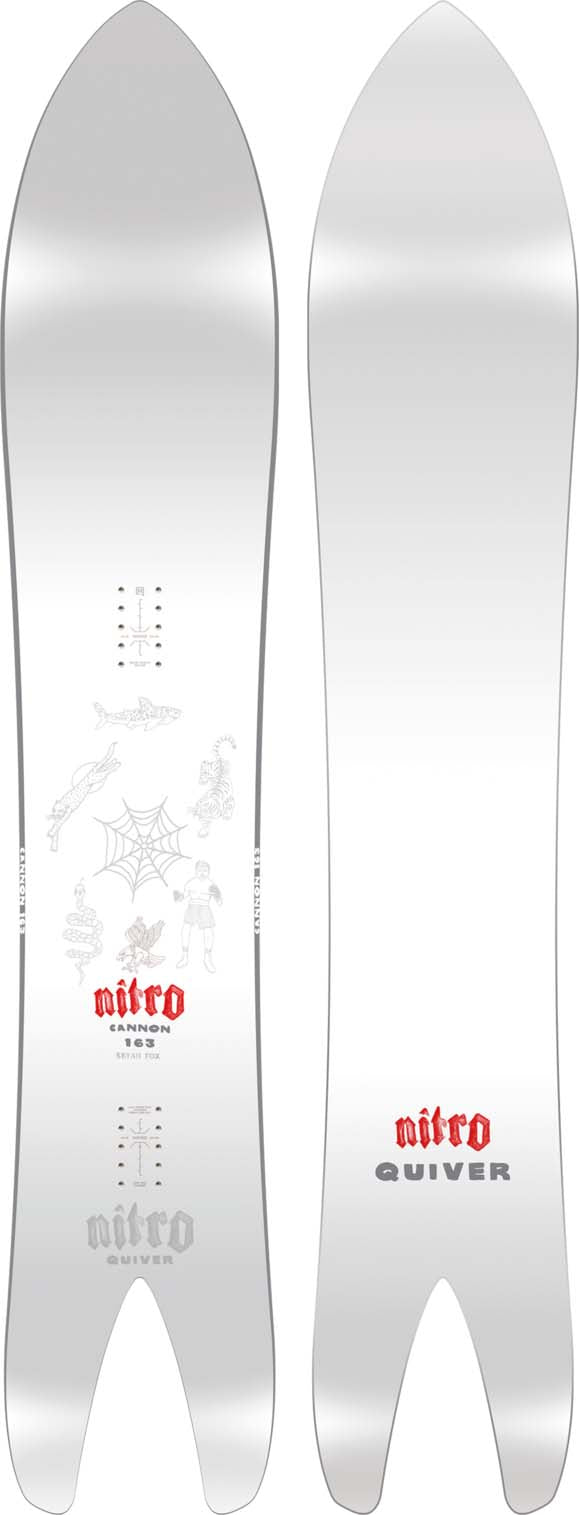 Cannon- Two views of a white 'Nitro' snowboard on a white background