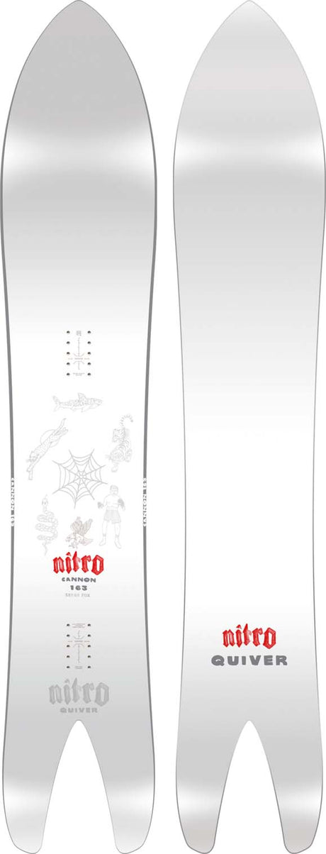 Cannon- Two views of a white 'Nitro' snowboard on a white background