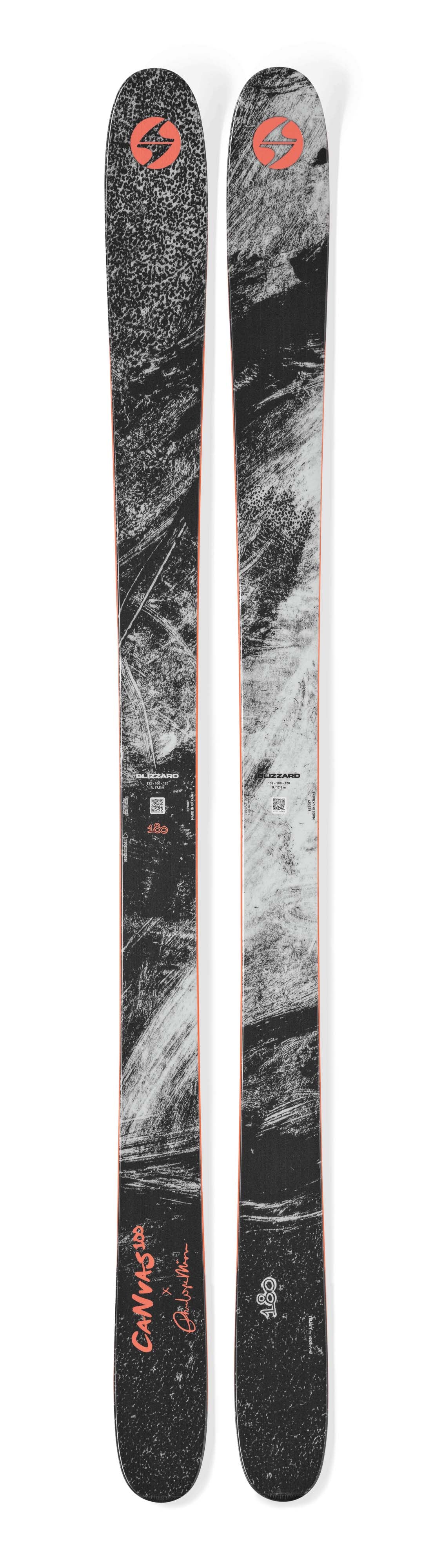 Canvas100- Black, white, and orange skis on a white background