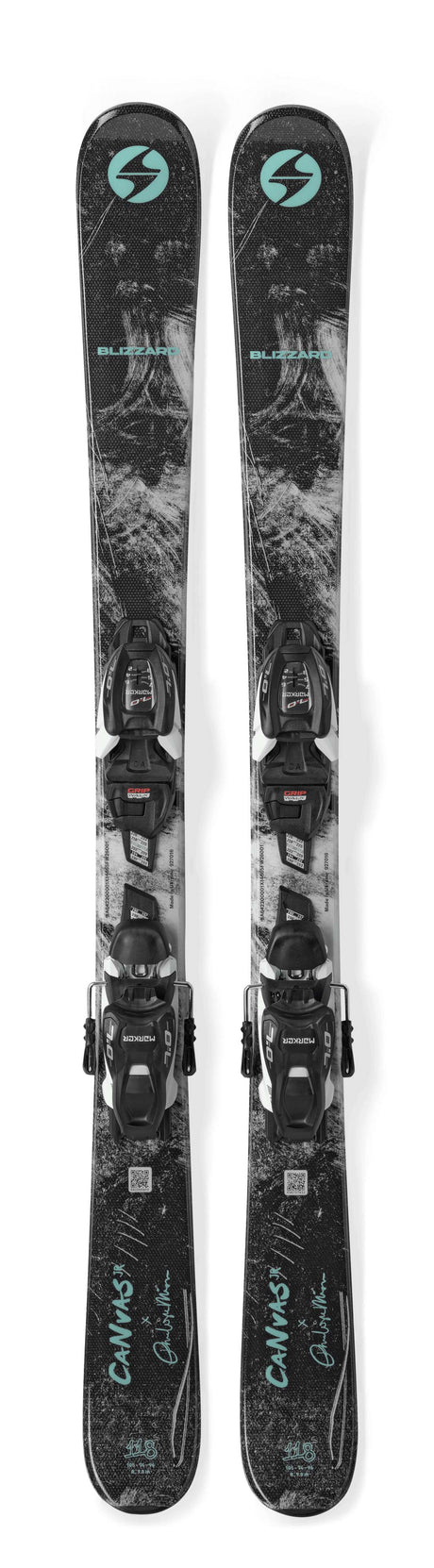CanvasJr_7.0- Black, white, and teal skis on a white background 