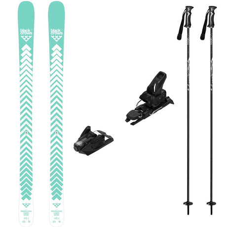 CaptisBirdiew_Strive12- Blackcrow womens ski package with the Captis Birdie Ski with the Atomic Strive 12 and two black ski poles
