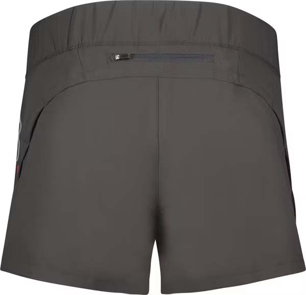 CarbonWomensShorts- Dark gray athletic shorts with an elastic waistband, featuring a white Swix logo on the lower left hem and red side piping details.