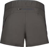 CarbonWomensShorts- Dark gray athletic shorts with an elastic waistband, featuring a white Swix logo on the lower left hem and red side piping details.