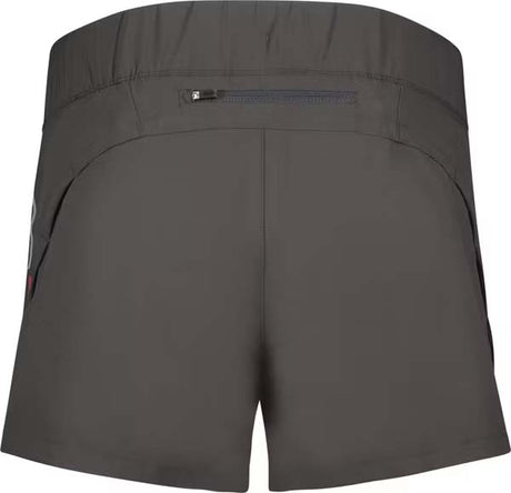 CarbonWomensShorts- Dark gray athletic shorts with an elastic waistband, featuring a white Swix logo on the lower left hem and red side piping details.