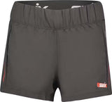 CarbonWomensShorts- Dark gray athletic shorts with an elastic waistband, featuring a white Swix logo on the lower left hem and red side piping details.