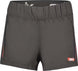 CarbonWomensShorts- Dark gray athletic shorts with an elastic waistband, featuring a white Swix logo on the lower left hem and red side piping details.