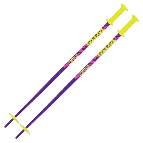 CharmJuniorSkiPole-A pair of ski or hiking poles with purple shafts, bright yellow grips and tips, and pink and yellow patterned sections near the top, shown on a light gray background.
