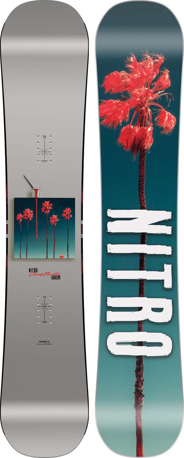 CheapThrills- Nitro snowboard with palm tree design on a gray and teal background