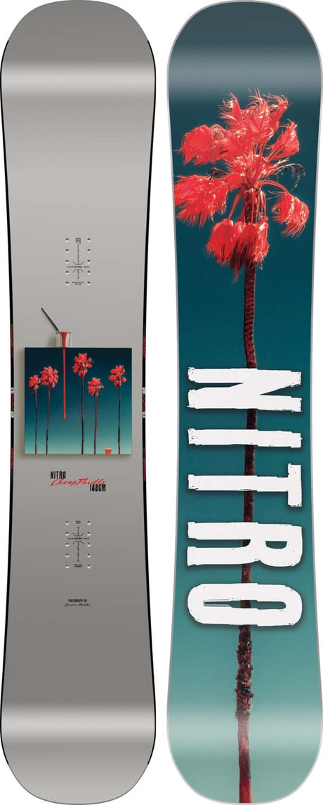 CheapThrills- Nitro snowboard with palm tree design on a gray and teal background