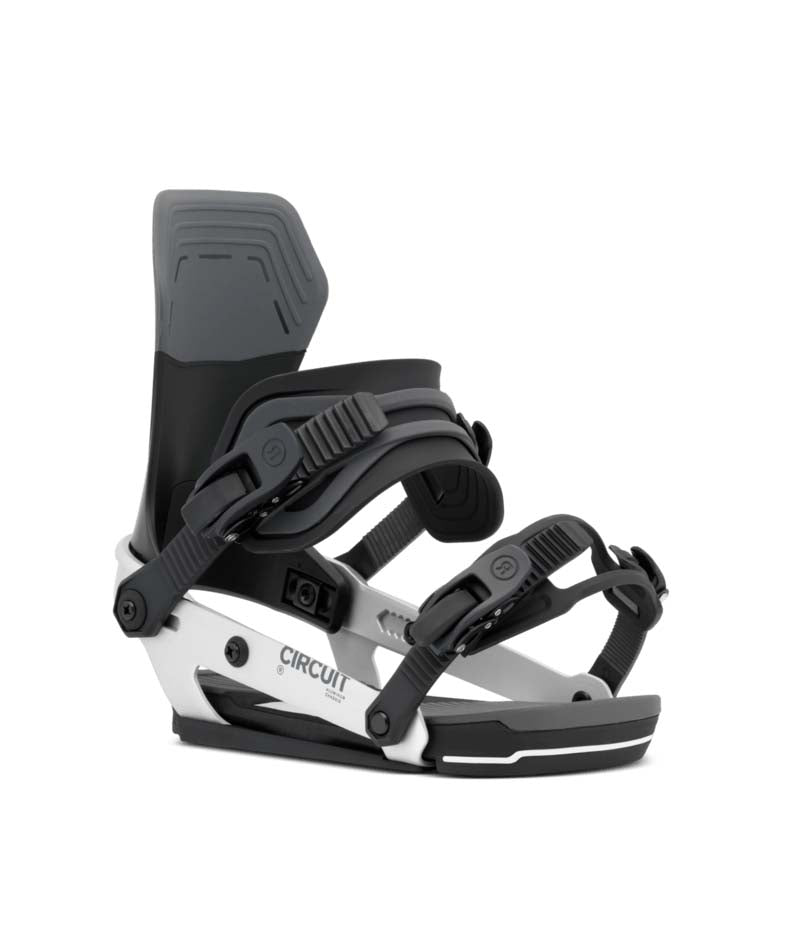 Circuit- Black and silver snowboard binding on a white background