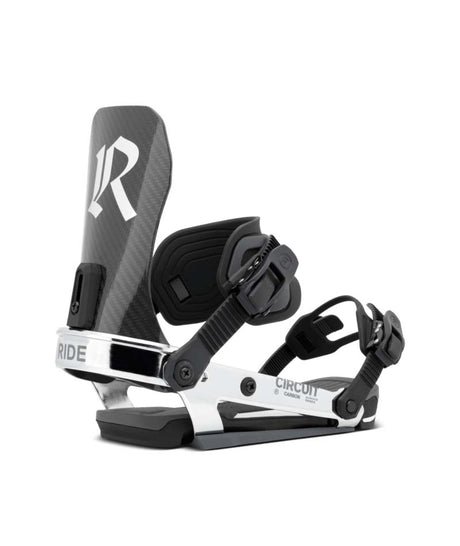 CircuitCarbon- Black and chrome snowboard binding on a white background